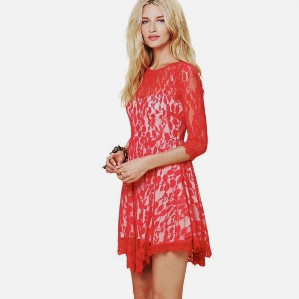 Free people Floral Mesh  Lace  Size 12 Woman's Red mini Dress..check measurement